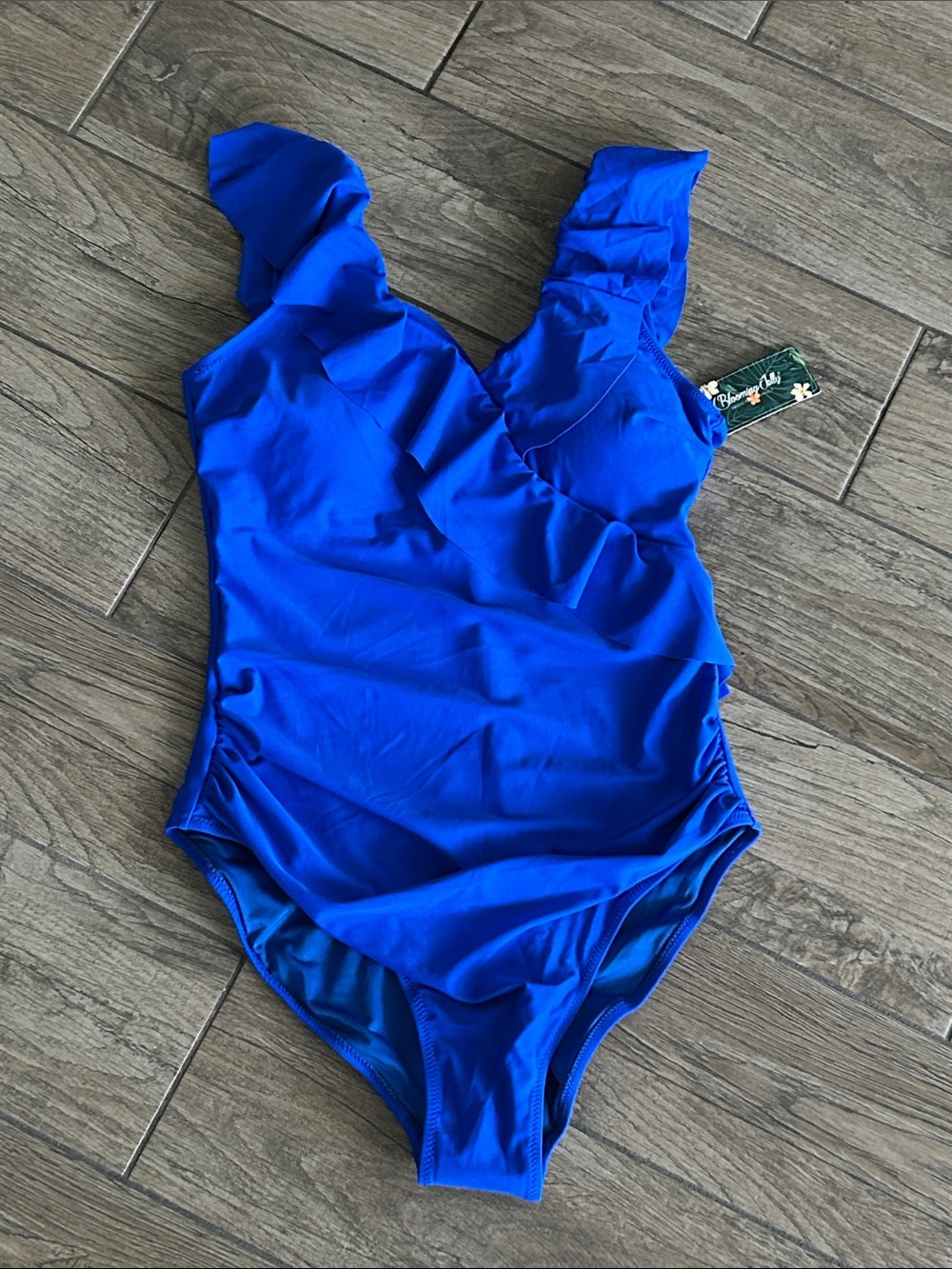 NWT.. Bright Royal Blue One-Piece Swim Suit with Ruffle Straps Size L